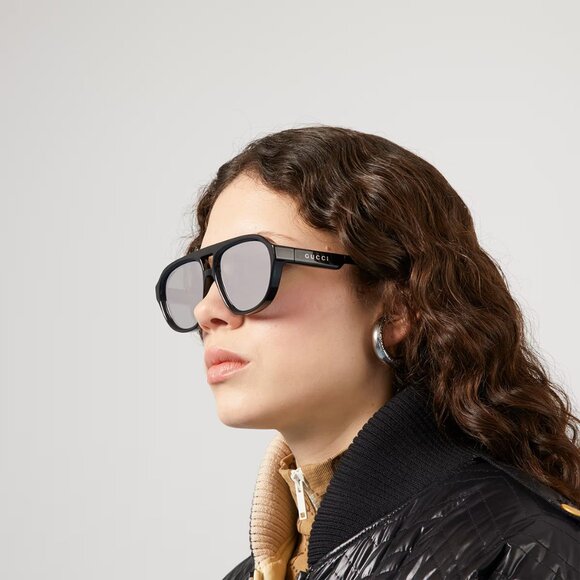 Gucci GG1239S 002 Sunglasses Black Aviator Frame Silver Mirror Lenses